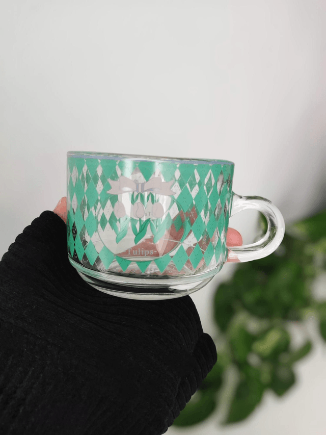 Tasse à café et soucoupe en verre style vintage tulipes rubans