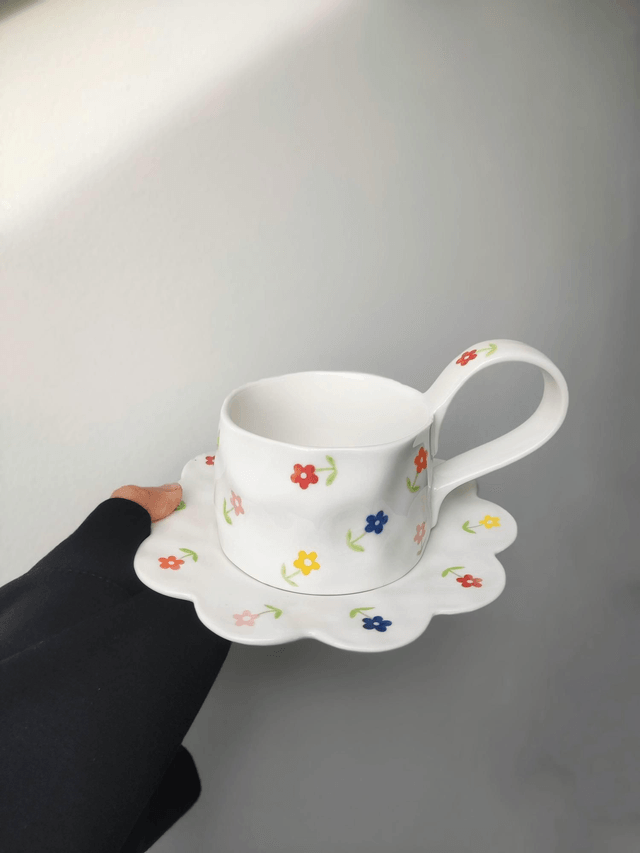 Tasse à café et soucoupe en céramique fleurs multicolores