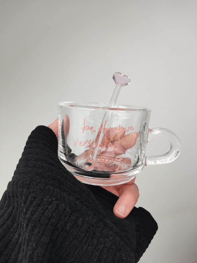 Tasse à café et soucoupe en verre nacré message coeur