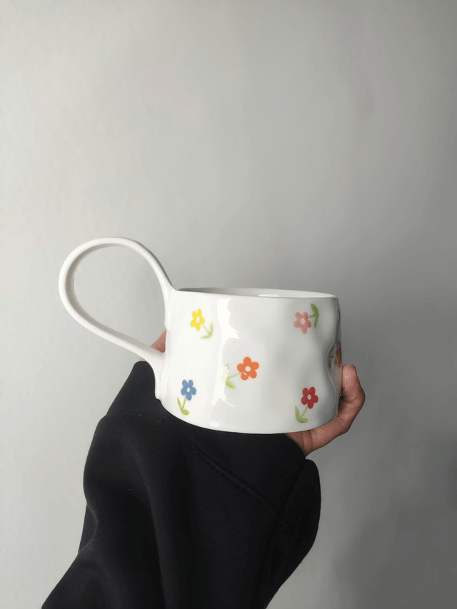 Tasse à café et soucoupe en céramique fleurs multicolores