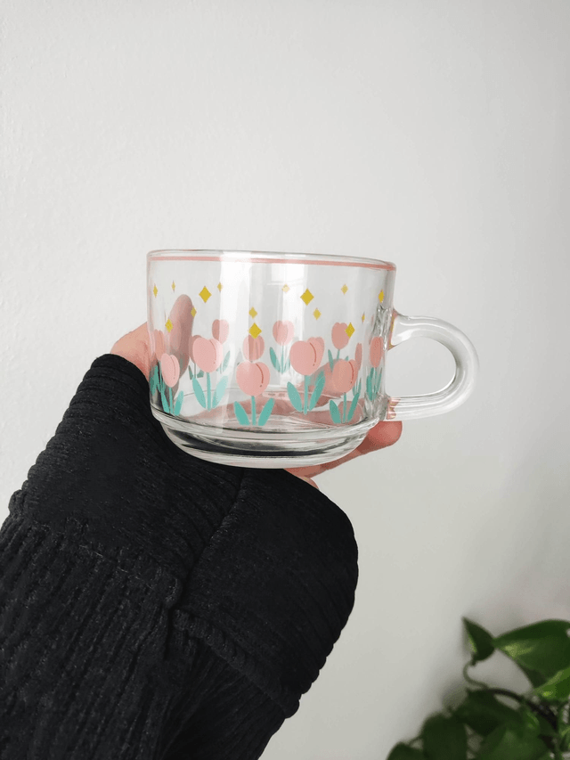 Tasse à café et soucoupe en verre style vintage tulipes et étoiles